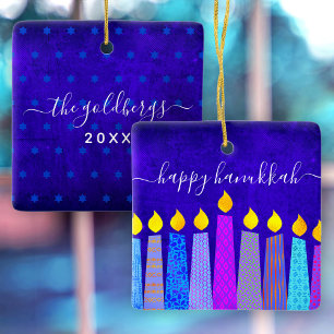 Adorno De Cerámica Hanukkah Menorah Candles on Blue Keepsake Custom