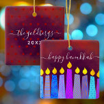 Adorno De Cerámica Hanukkah Menorah Candles Script Name Red Keepsake<br><div class="desc">“Happy Hanukkah.” A playful, modern, artsy illustration of boho pattern candles helps you usher in the holiday of Hanukkah in style. Assorted blue candles with colorful faux foil patterns overlay a rich, deep burnt red orange textured background. On the back, personalize with your family name and year, over a tiny...</div>