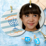 Adorno De Cerámica Hanukkah Menorah Foto Naranja azul<br><div class="desc">Cambia tus deseos de Hanukkah con este moderno diseño menorah a rayas. Con los colores tradicionales de temporada. El Menorah azul tiene llamas naranjas. Blues y naranjas. Hay un lugar para su propia foto personal o familiar. Saludo moderno y simple de Hanukkah.</div>
