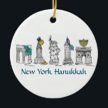Adorno De Cerámica Hanukkah NYC de Nueva York: Festividades judías<br><div class="desc">Los ornamentos de Hanukkah de Nueva York presentan monumentos "vestidos" para Hanukkah en dorados,  menorahs,  dreidels y luces. Creado a partir de un ilustracion de marcadores original. ¿No ves lo que estás buscando? ¿Necesita ayuda con la personalización? Contacte con Rebecca para que tenga algo diseñado para usted.</div>