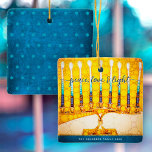 Adorno De Cerámica Hanukkah Peace Love Light, Amor Amarillo Menorah K<br><div class="desc">"Paz, amor y luz". Un ilustracion fotográfico digital de primera línea de una brillante, colorida, amarilla y dorada menorah, con tu nombre personalizado, te ayuda a inaugurar la festividad de Hanukkah con estilo. En la parte posterior, un diminuto patrón azul de la Estrella de David sobrepone un fondo azul verde...</div>
