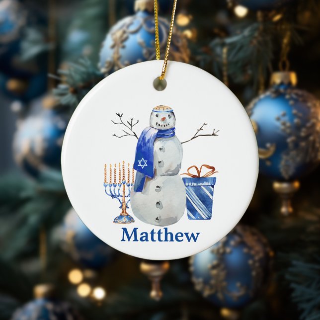 Adorno De Cerámica Hanukkah Snowman Blue Nombre personalizado Menorah (Subido por el creador)