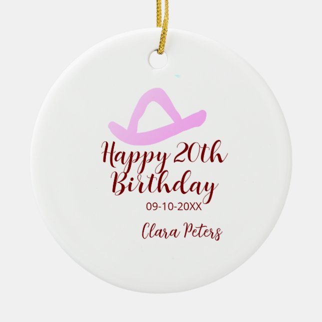 Adorno De Cerámica Happy 20th birthday pink cowboy girl name date sim (Frente)