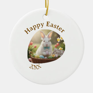 Adorno De Cerámica Happy Easter white bunny year photo family name