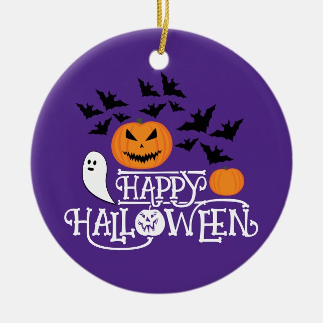 Adorno De Cerámica Happy Halloween calabazas murciélagos fantasmas te (Frente)