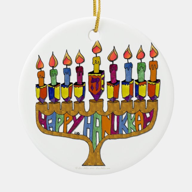 Adorno De Cerámica Happy Hanukkah Dreidels Menorah (Frente)