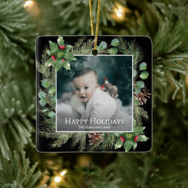 Adorno De Cerámica Happy Holidays Photo Wreath Botanical Christmas