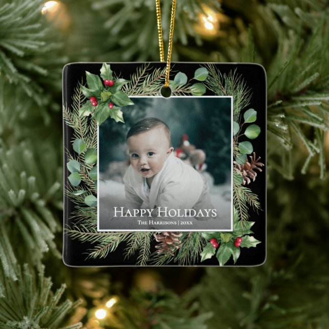 Adorno De Cerámica Happy Holidays Photo Wreath Botanical Christmas (Árbol)