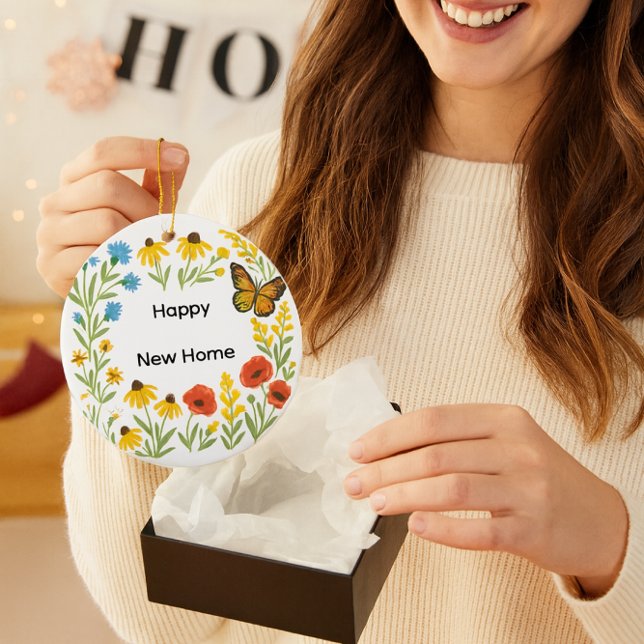Adorno De Cerámica Happy New Home Floral  (Happy New Home..cheerful floral housewarming gift with greeting on backside )