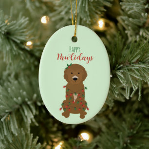 Adorno De Cerámica Happy Pawlidays Goldendoodle Christmas Lights