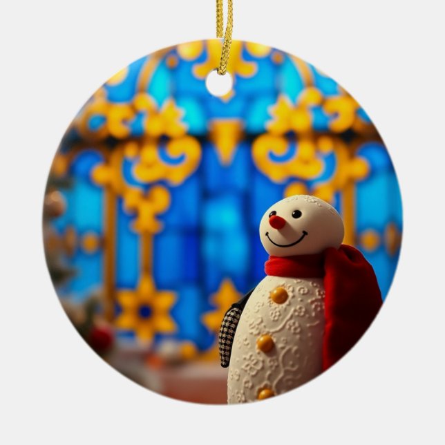 Adorno De Cerámica Happy Snowman Christmas – Blue Faux Stained Glass (Frente)