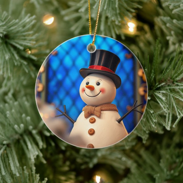 Adorno De Cerámica Happy Snowman Christmas Ornament Blue Faux Stained (Árbol)