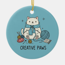 Adorno De Cerámica Happy White Cat Knit Blue Yarn Craft Lover Decor