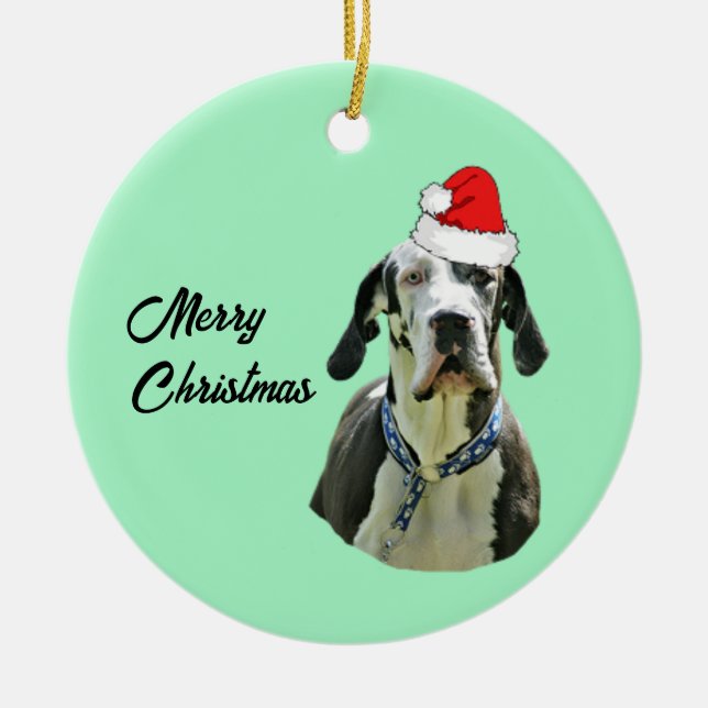 Adorno De Cerámica Harlequin Great Dane con Santa Hat (Frente)