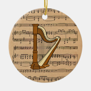 Adorno De Cerámica Harp con fondo de música de hojas