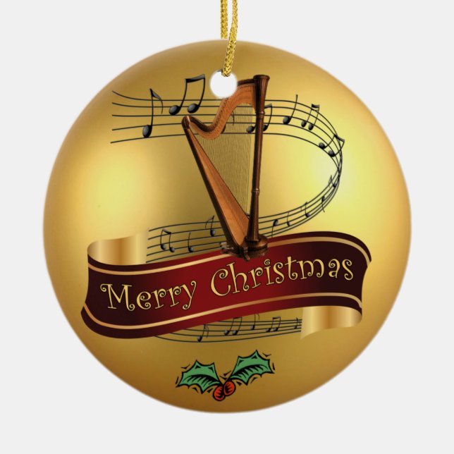 Adorno De Cerámica Harp el ~ musical de las Felices Navidad del oro (Frente)