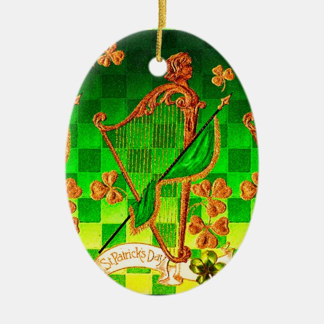 Adorno De Cerámica HARP IRLANDÉS, VERDE GOLD SHAMROCKS St Patrick's D (Frente)