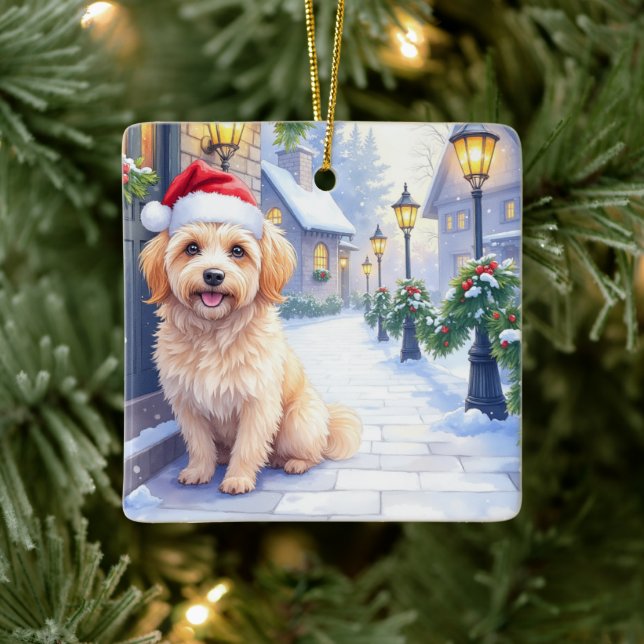 Adorno De Cerámica Havanese Snowy Village Walk Santa Hat Christmas (Árbol)