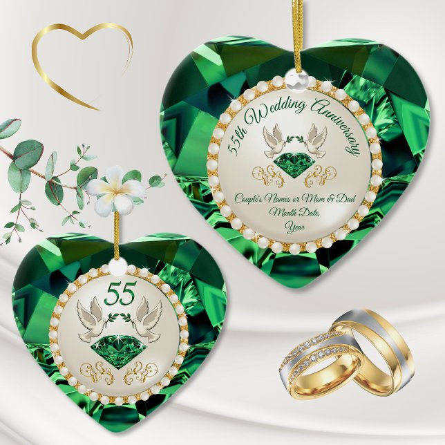 Adorno De Cerámica Heart Emerald, 55 años de ideas de regalo (Emerald Ornament. 55th Anniversary Ornament. Emerald Wedding Anniversary Ornament.)
