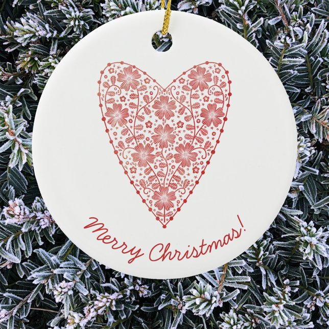 Adorno De Cerámica Heart Scandinavian Red White Christmas (Scandinavian floral heart in red and white with script custom text Christmas ornament)