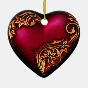Adorno De Cerámica Heart Scroll Red Gold