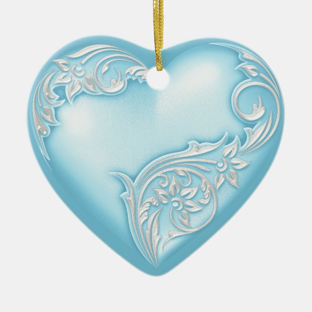 Adorno De Cerámica Heart Scroll Sky Blue w White (Frente)