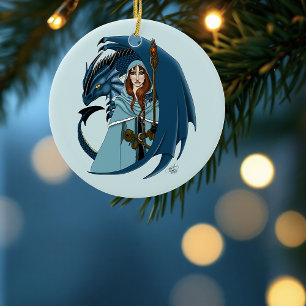 Adorno De Cerámica Hechicera del Dragón Azul Copos de Nieve