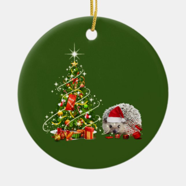 Adorno De Cerámica Hedgehog Con Navidades De LUCES Gorras (Frente)