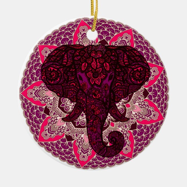 Adorno De Cerámica Henna Elephant Head Mandala Pink Mehndi Tattoo (Frente)