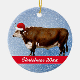 Adorno De Cerámica Hereford Bull y Santa Hat