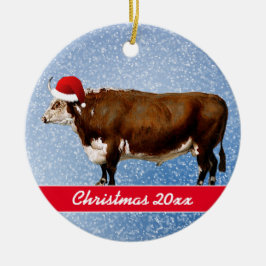Adorno De Cerámica Hereford Bull y Santa Hat