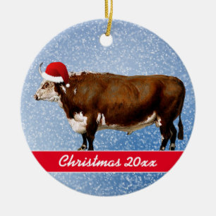 Adorno De Cerámica Hereford Bull y Santa Hat