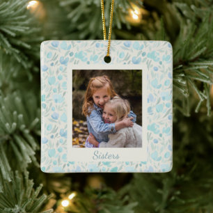 Adorno De Cerámica Hermanas Personalizadas Foto Acuarela Floral Azul