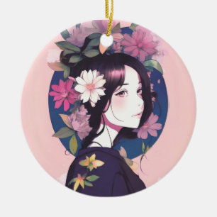 Adorno De Cerámica Hermosa Chica anime coronada con flores