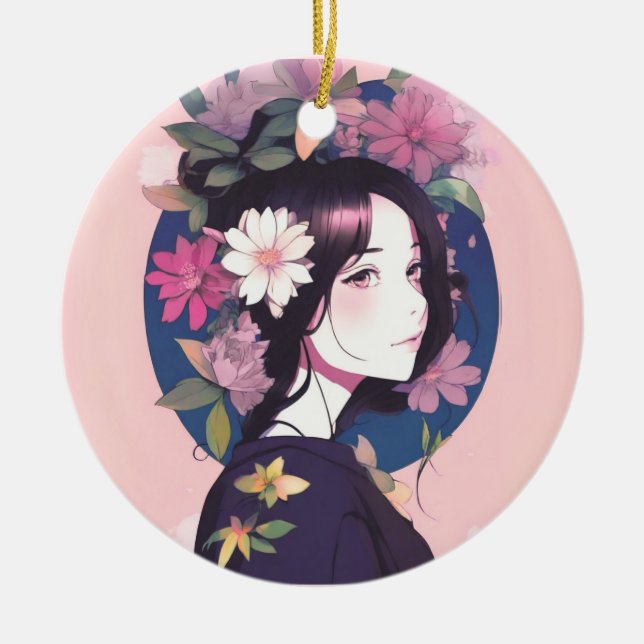Adorno De Cerámica Hermosa Chica anime coronada con flores (Frente)