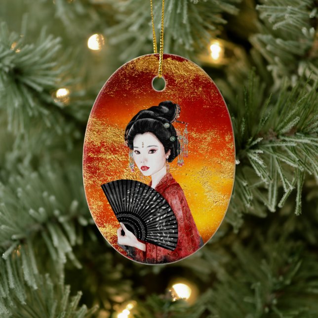 Adorno De Cerámica Hermosa Geisha Gold japonesa, Navidades rojos (Árbol)