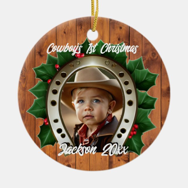 Adorno De Cerámica Hermosa Holly y Horseshoe Primera Navidad (Frente)