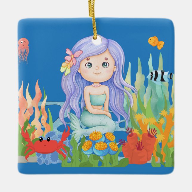 Adorno De Cerámica Hermosa sirena PURPLE PELO jugando en el mar (Anverso)