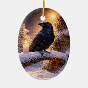 Adorno De Cerámica Hermosa vela de cuervo en la nieve Yule Solsticio