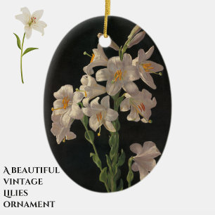 Adorno De Cerámica Hermosas flores de lirio blanco vintage sobre negr