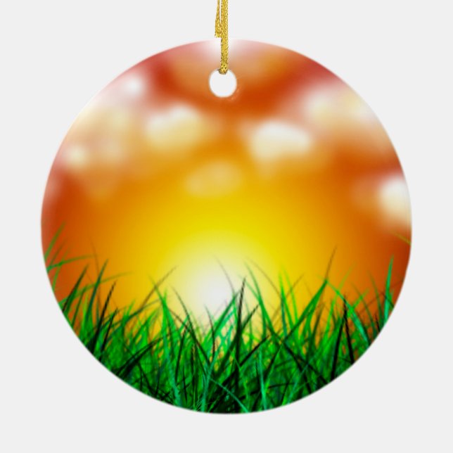 Adorno De Cerámica Hermoso amanecer sobre un campo de hierba (Atrás)