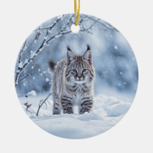Adorno De Cerámica Hermoso Bobcat en Navidad con Nieve