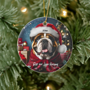 Adorno De Cerámica Hermoso Bulldog con Santa Hat