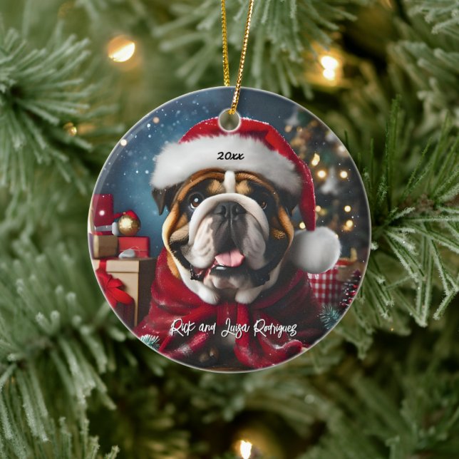 Adorno De Cerámica Hermoso Bulldog con Santa Hat (Árbol)