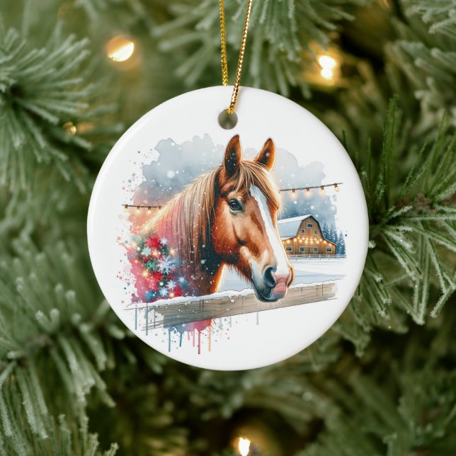 Adorno De Cerámica Hermoso caballo marrón en Navidades de granjas (Árbol)