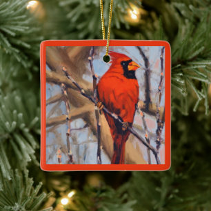 Adorno De Cerámica Hermoso Cardenal Rojo en Árbol