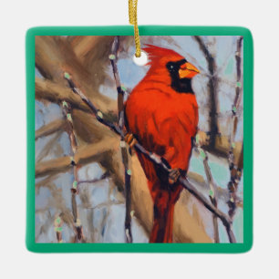 Adorno De Cerámica Hermoso Cardenal Rojo Pájaro En Árbol
