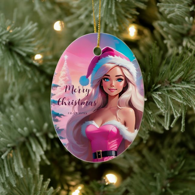 Adorno De Cerámica Hermoso Chica de Navidades rosados 01 (Árbol)