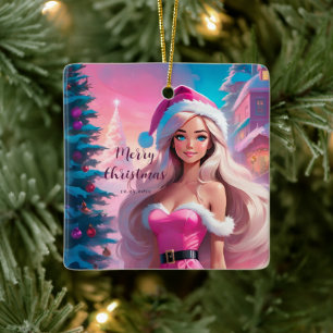 Adorno De Cerámica Hermoso Chica de Navidades rosados 01