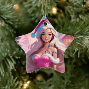 Adorno De Cerámica Hermoso Chica de Navidades rosados 01